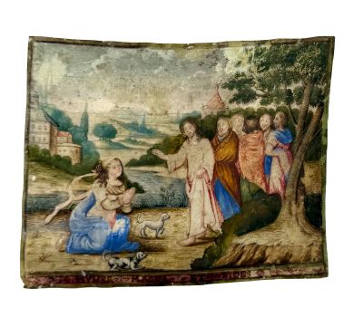 une image représentant un tableau sur lequel figurent un groupe de personnes et un chien