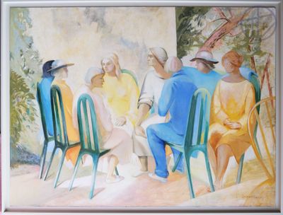 une peinture représentant un groupe de personnes assises autour d'une table