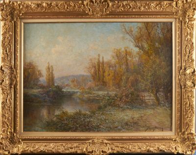 an image of a painting of a river with trees in the background