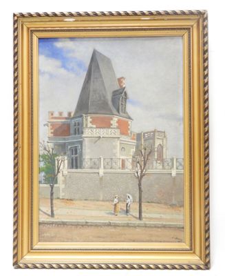 an oil painting of a house on a street corner with people walking by