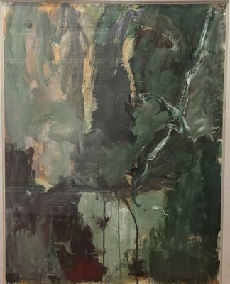 an image of a painting of a horse in a green and brown field