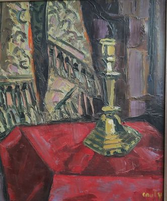 une peinture représentant une nappe rouge sur laquelle est posée une bougie dorée