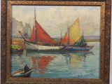 an oil painting of boats in the water with a man in a boat
