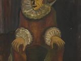 un vieux tableau représentant un clown assis sur une chaise à côté d'un homme