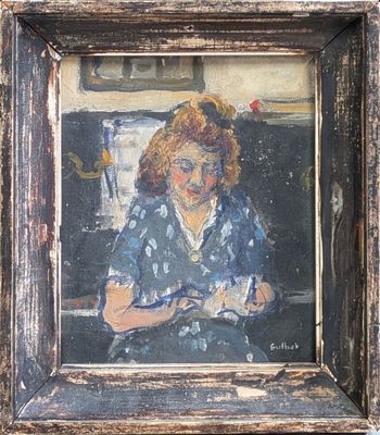une peinture à l'huile représentant une femme assise devant une fenêtre