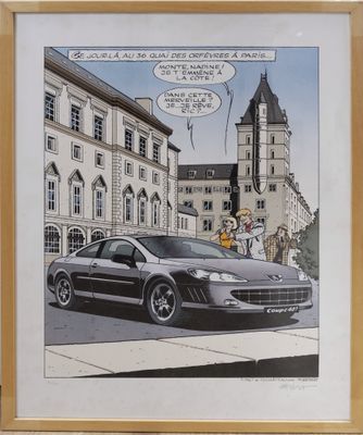 painting of a car parked in front of a building with a cartoon on it