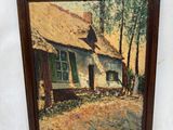 an oil painting of a house with a horse in front of it