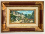 une peinture à l'huile représentant une maison avec un jardin devant elle