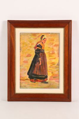 an oil painting of a woman in a black dress standing in front of a white wall