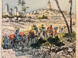 illustration of a group of men riding horses in a desert