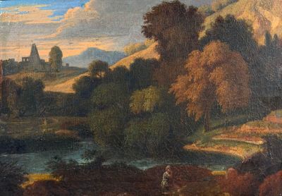 peinture d'un paysage avec une rivière et un château au loin
