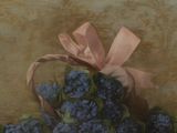 a painting of a basket of purple flowers with a pink bow