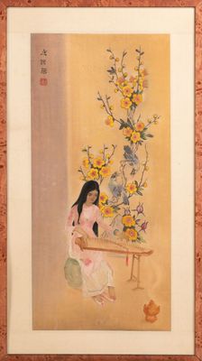 painting of a woman sitting at a table with flowers in a vase