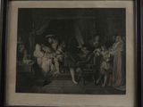 painting of a family gathering in a room with a dog and a cat