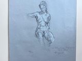 pencil drawing of a man sitting on a stool in a room