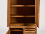 an image of a wooden cabinet with two drawers and a door open