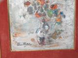 a painting of a vase of flowers in a red frame