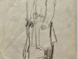 an old drawing of a man in a coat and hat holding a rifle