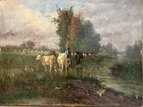 a painting of a painting of a man and cows in a field
