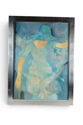 tableau représentant une femme en robe bleue, dans un cadre argenté