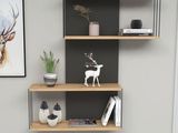 a picture of a book shelf with a deer figurine on it