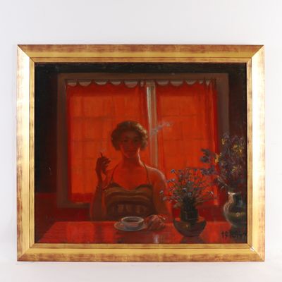 a painting of a woman sitting at a table with a cup of coffee