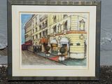 tableau représentant une scène de rue urbaine avec des bâtiments et un bus