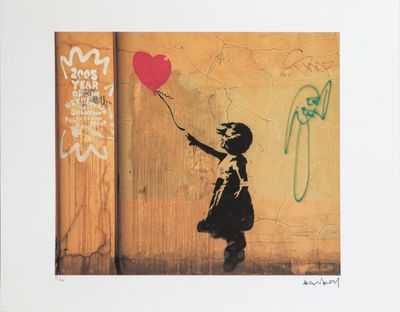 un tableau représentant une petite fille tenant un ballon en forme de cœur