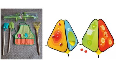 two pictures of a child ' s play set with a kite and a rake