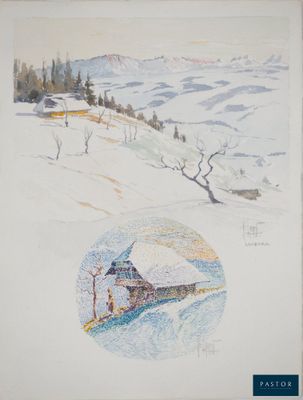 dessin représentant un paysage enneigé avec une maison au centre de l'image