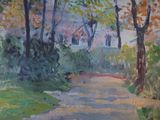 an oil painting of a path in a park with trees and bushes