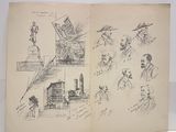 un vieux livre sur lequel figurent des dessins représentant des personnes et des bâtiments