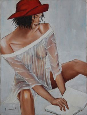 tableau représentant une femme en robe blanche et chapeau rouge, assise sur un lit