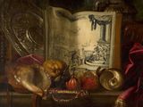 a painting of a still life with a book on a table