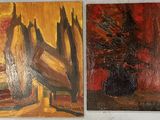 two paintings of trees and a vase on a white wall