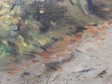 a painting of a woman sitting on a bench in the park