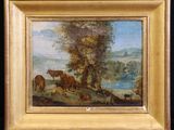 tableau représentant un paysage avec du bétail et une rivière en arrière-plan