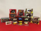 a lot of toy trucks that are sitting on a red table