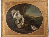 un tableau représentant une femme assise dans un décor boisé