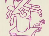 dessin à l'encre violette représentant un homme avec une épée et un oiseau
