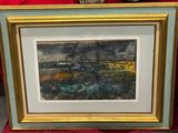 tableau représentant un paysage, dans un cadre doré, sur une toile rouge