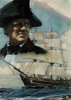 un tableau représentant un homme coiffé d'un chapeau de pirate à bord d'un navire