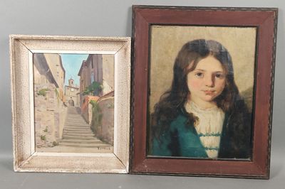 painting of a young girl in a green dress next to a picture of a stairway