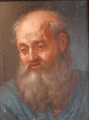 un vieux tableau représentant un homme à la longue barbe, vêtu d'une chemise bleue