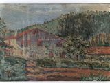 an old painting of a house on a hill with trees in the background
