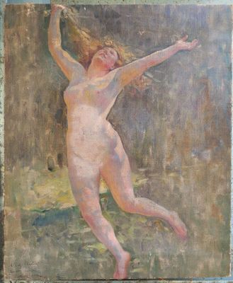 une peinture à l'huile représentant une femme nue tendant les bras pour attraper un frisbee