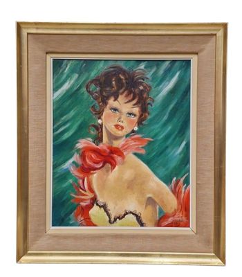 an oil painting of a woman in a red dress with a red scarf