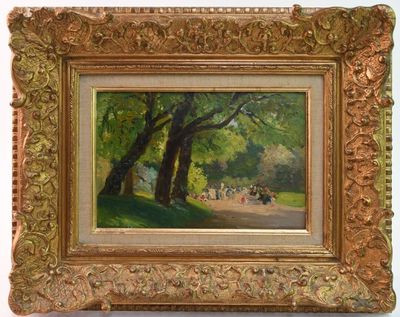 une peinture à l'huile représentant une scène de parc où l'on voit des personnes marcher sur un sentier