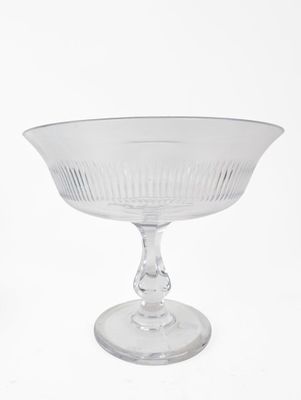 clear glass footed bowl on pedestal on white background