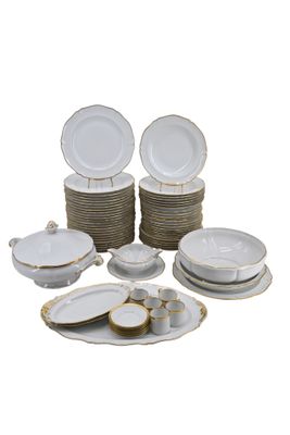 an image of a group of white and gold plates and bowls